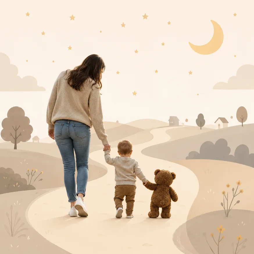 Mamma e bambino lungo un percorso di notte, sotto la luna